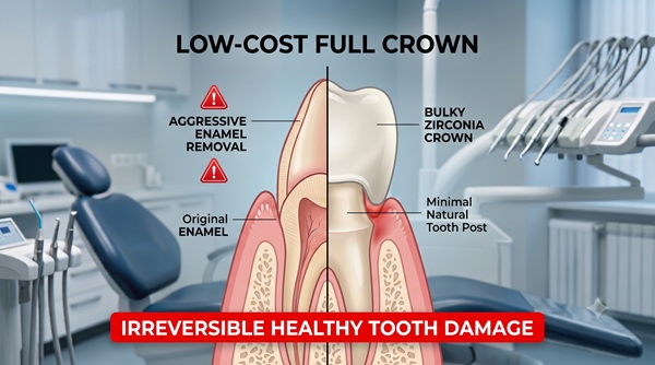 Clinical diagram illustrating the aggressive reduction and over-filing of a healthy tooth for a low-cost full crown, showing irreversible damage to the natural enamel.