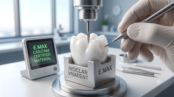 A macro photograph shows a gloved technician adjusting a certified Ivoclar Vivadent E.max ceramic block during a high-precision milling process in a transparent Turkish dental lab, illustrating the difference between generic and premium materials.