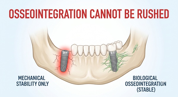 A conceptual infographic illustrating the rigid timeline of biological osseointegration, comparing initial mechanical stability with the permanent fusion of new bone cells into the dental implant surface