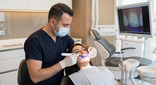 Photorealistic shot of a dentist using a blue UV curing light to harden nano-hybrid composite bonding material on a patient's teeth in a sterile Turkish dental facility