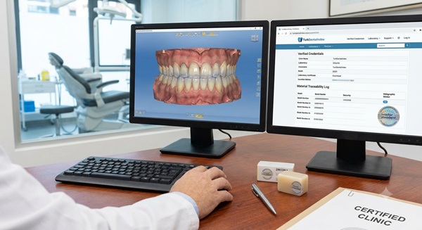 Close-up of a dentist's hand operating a dual-monitor CAD/CAM system, showing a 3D model of translucent E-Max crowns and the TurkDentalIndex database with verified laboratory certificates and material traceability records.