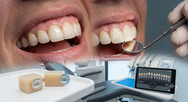 Close-up of a patient's mouth with translucent E-Max dental crowns, next to original Ivoclar Vivadent material blocks and a digital shade guide, inside a dental operating room in Istanbul.
