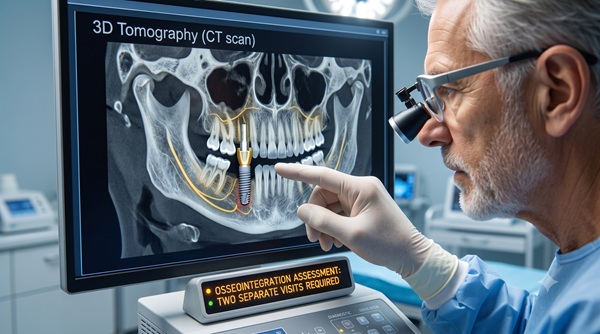A close-up of a senior oral surgeon in magnification loupes analyzing a complex 3D CT scan of a patient's jawbone. The diagnostic screen shows nerve pathways and planned implant placement, emphasizing the thorough evaluation required in Turkey for bone density before surgery.