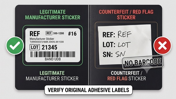 A side-by-side visual comparison showing a legitimate manufacturer dental implant sticker with clear LOT and dimensions (left) and a generic or handwritten unregistered sticker (right)