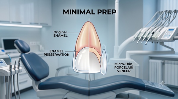 Clinical diagram showing the minimal preparation (minimal prep) required for a micro-thin porcelain veneer, highlighting the preservation of over 90% of the natural tooth enamel.