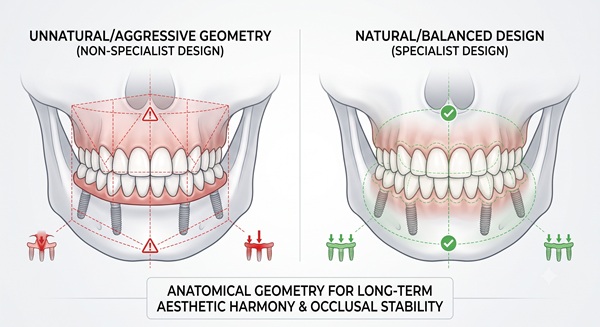 A clean medical comparison diagram showing an unnatural, low, and geometric dental prosthesis design versus a soft, natural looking tailored design for balanced chewing forces.