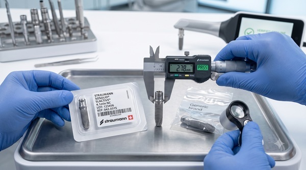 Technical audit macro comparison between genuine Straumann precision components and a counterfeit clone