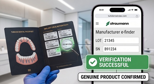 A patient holds an open Turkish dental passport while scanning a QR code with a smartphone to verify implant serial numbers and LOT codes on a manufacturer's official verification website.