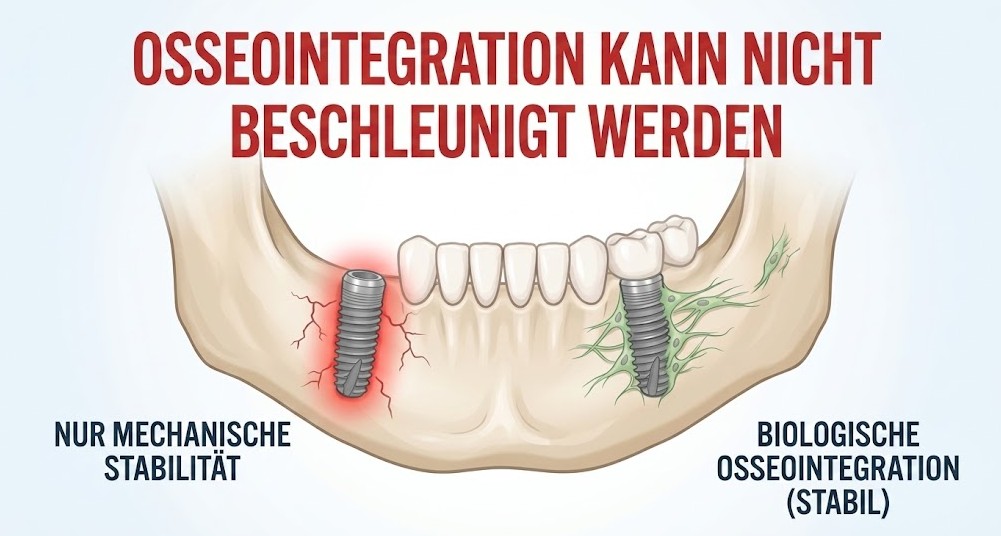 Eine konzeptionelle Infografik, die den starren Zeitrahmen der biologischen Osseointegration veranschaulicht und die anfängliche mechanische Stabilität mit der dauerhaften Fusion neuer Knochenzellen in die Oberfläche des Zahnimplantats vergleicht.