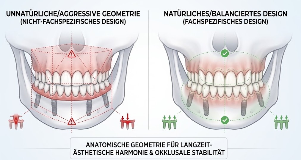 Ein sauberes medizinisches Vergleichsdiagramm, das ein unnatürliches, niedriges und geometrisches Design einer Zahnprothese im Vergleich zu einem weichen, natürlich aussehenden maßgeschneiderten Design für ausgewogene Kaudruckkräfte zeigt.