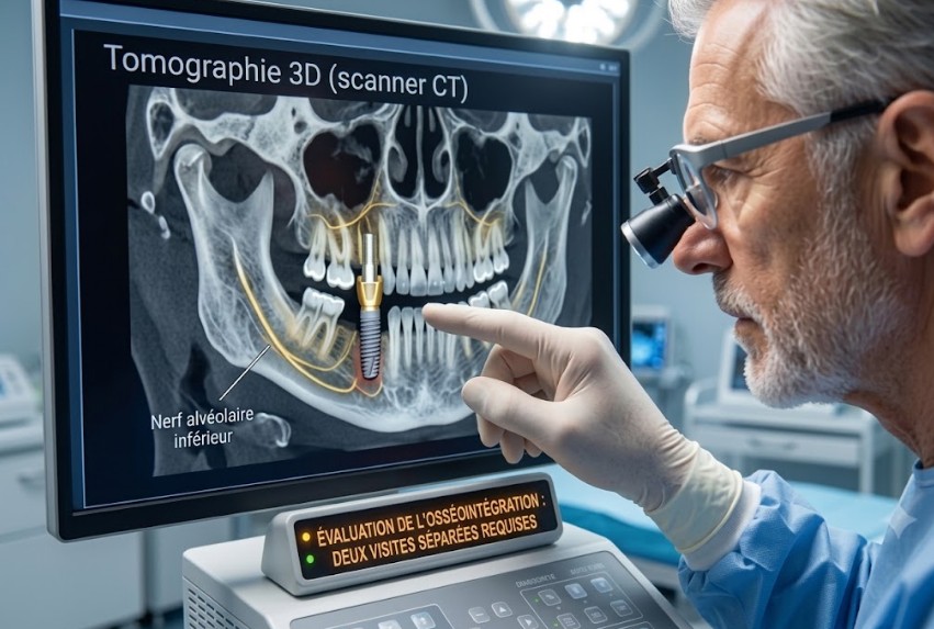 Un gros plan d'un chirurgien oral senior avec des loupes de grossissement analysant un scanner 3D complexe de la mâchoire d'un patient. L'écran de diagnostic montre les voies nerveuses et l'emplacement prévu de l'implant, soulignant l'évaluation approfondie requise en Turquie pour la densité osseuse avant la chirurgie.