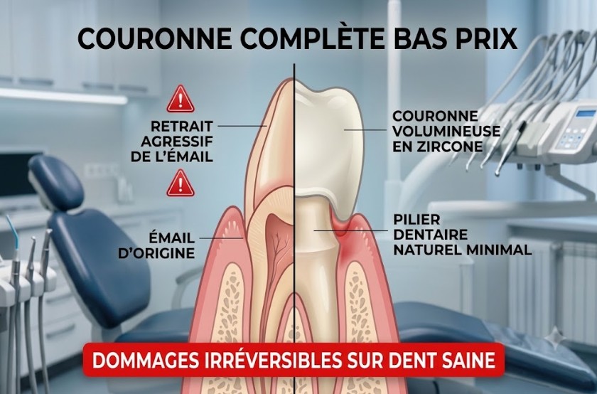 Diagramme clinique illustrant la réduction agressive et le sur-polissage d'une dent saine pour une couronne complète à bas coût, montrant des dommages irréversibles à l'émail naturel.