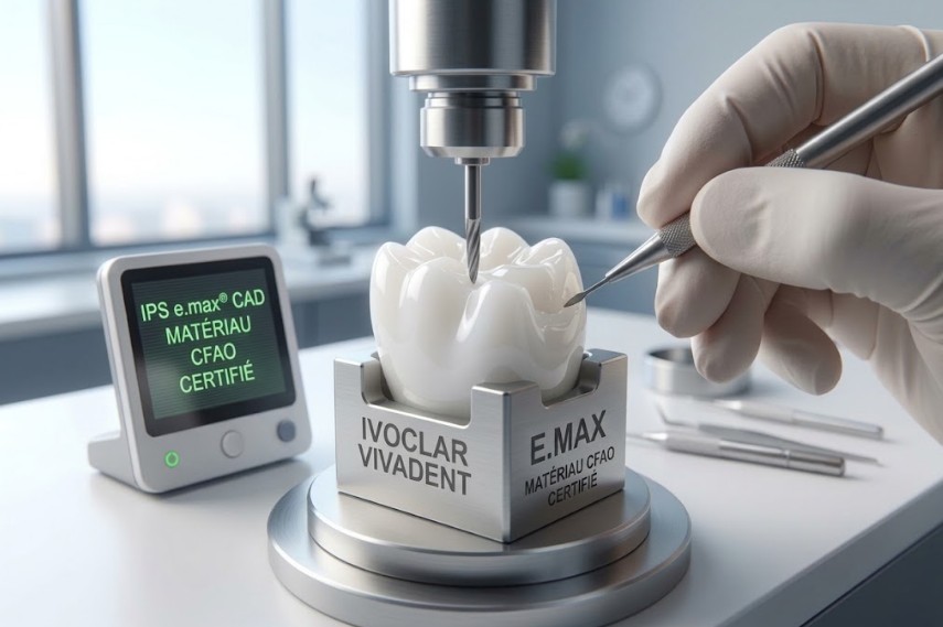 Une macro-photographie montre un technicien ganté ajustant un bloc de céramique Ivoclar Vivadent E.max certifié pendant un processus de fraisage de haute précision dans un laboratoire dentaire turc transparent, illustrant la différence entre les matériaux génériques et premium.