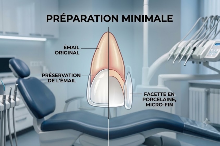Diagramme clinique montrant la préparation minimale (minimal prep) requise pour une facette en porcelaine ultra-fine, mettant en évidence la préservation de plus de 90 % de l'émail dentaire naturel.