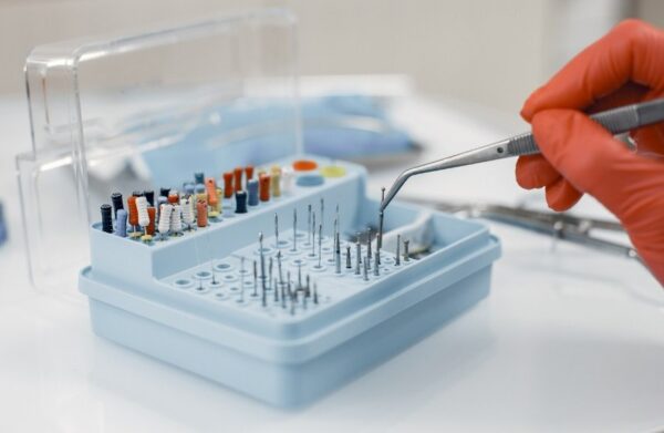 Vassoio dentale sterile con punte di trapano organizzate e strumenti endodontici nella clinica di Istanbul, evidenziando la precisione e gli standard di sterilizzazione nelle procedure dentali.